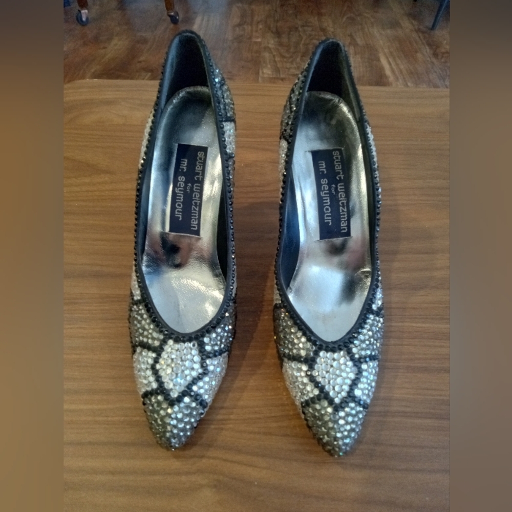 Stuart Weitzman for Mr. Seymour Rhinestone Pointed Toe Pumps in Black and Silver